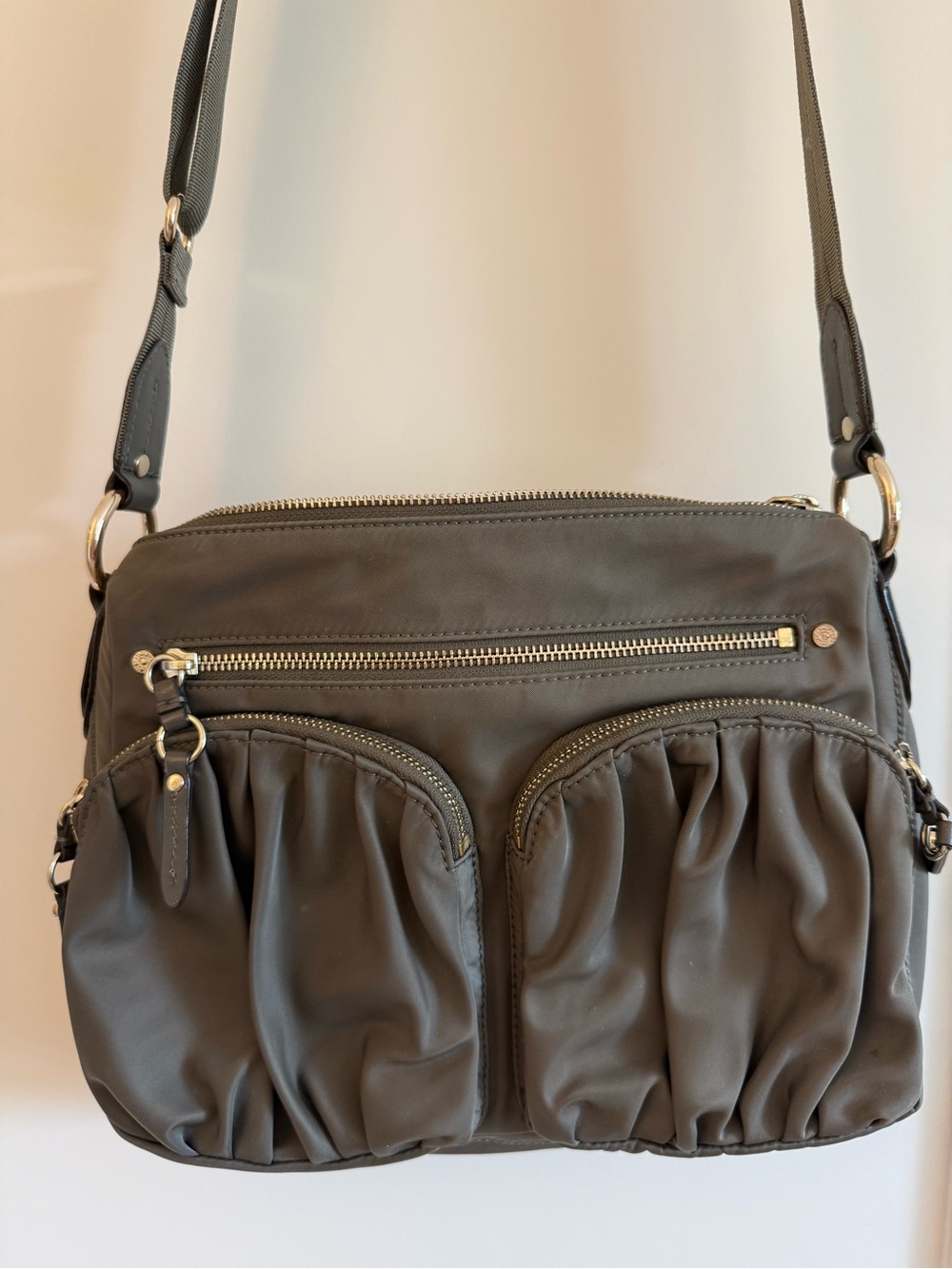 MZ Wallace Grey Ruched Front Pocket Crossbody Bag